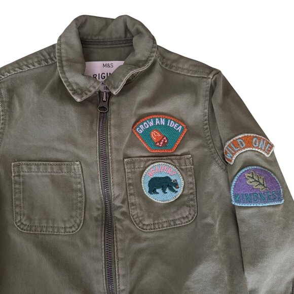 M&S Originals Boys Olive Green Adventure Jacket W/ Patches & Zipper  Cotton Blen - Picture 2 of 4